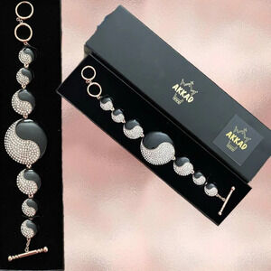 Akkad Ying Yang Black Enamel Crystal Pave Set In Rose Gold-Tone Toggle Bracelet